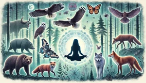 10 Spirit Animal Totems -A serene forest setting depicting the mystical connection between a meditating figure and various spirit animal totems, illustrating the journey of discovering one's spiritual companions. I hope this expanded article meets your needs! Feel free to adjust or expand any sections as you see fit.