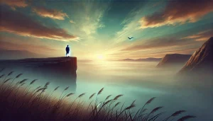 A serene scene of a person standing at the edge of a cliff overlooking a vast, misty landscape.