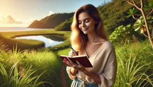 "A woman standing in a serene natural setting, holding a journal and writing affirmations with a calm and content expression, exuding positivity and tranquillity."