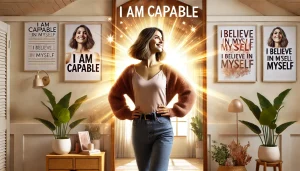 A confident individual standing in front of a mirror with positive affirmations reflected, representing the transformation from self-doubt to self-confidence through affirmations.