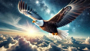 A majestic eagle spirit animal soaring through the sky, its wings outstretched and its eyes fixed on the horizon.