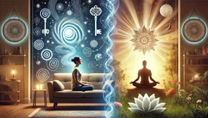 A visual representation of the contrast between self-hypnosis and meditation, featuring two individuals practicing each technique in a serene setting.