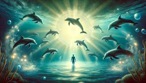 A mystical underwater scene depicting the connection between humans and dolphin spirit animals, showcasing the dolphin's intelligence, playfulness, and spiritual significance.