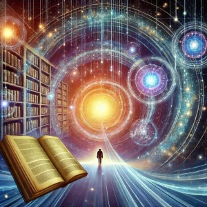 An artistic depiction of the Akashic Records as an ethereal library with glowing books floating in cosmic space.