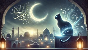 A mystical cat perched on a rooftop under a crescent moon in an Islamic city, representing spiritual symbols in dream interpretation