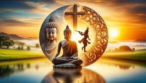 "An artistic representation of Buddha, Jesus, and Krishna, symbolizing the convergence of their teachings with a serene natural background."