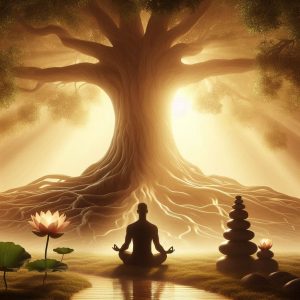 A person meditating under a large, ancient tree, surrounded by nature elements like lotus flowers, a small stream, and balanced stones, symbolizing mindfulness and inner peace inspired by Buddha.