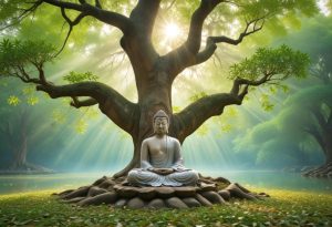 Buddha in meditation under the Bodhi tree with symbolic representations of the ten unanswered questions floating around him.